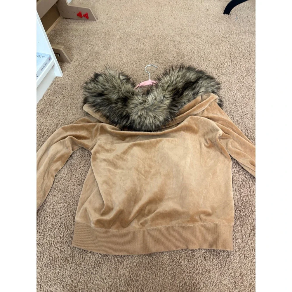 Michael Kors Velour Tracksuit Set Tan Camel Faux Fur Collar Hoodie Joggers XL
